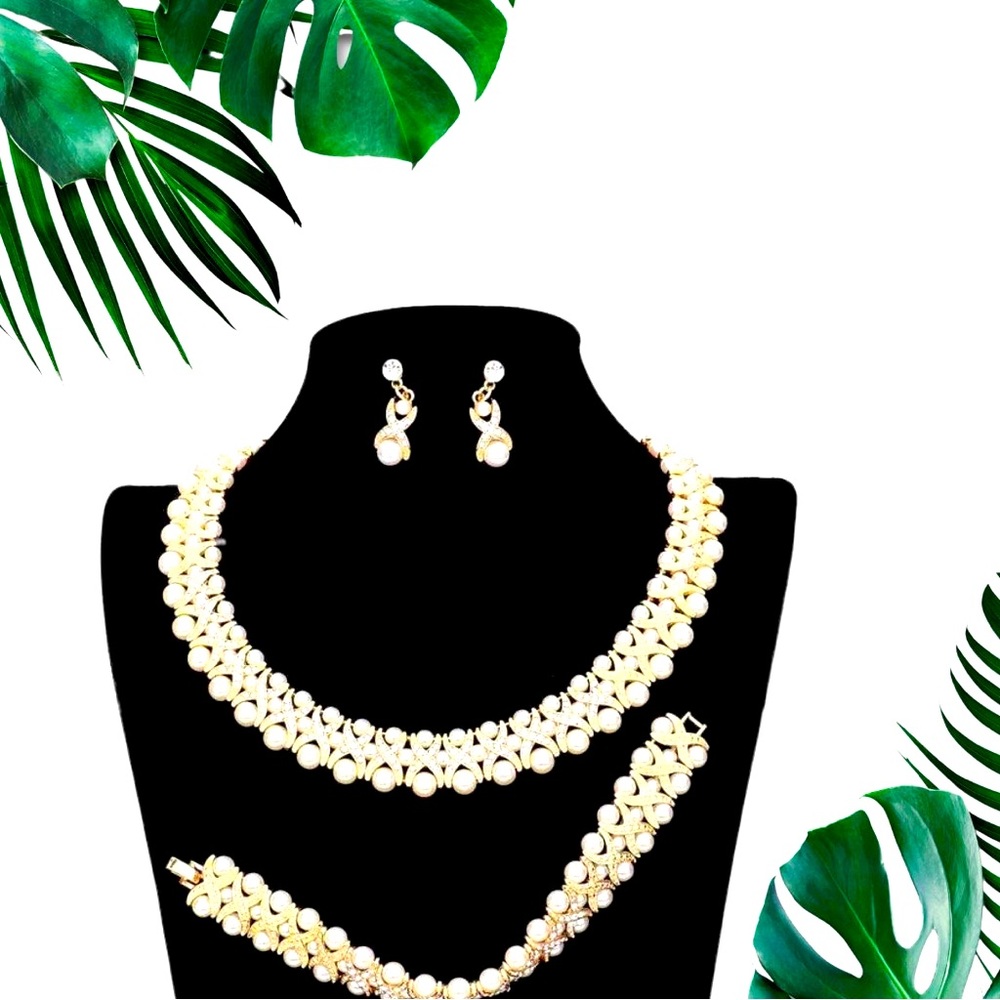 Gold 3pcs Pearl and Rhinestone Set - Picture 1 of 1